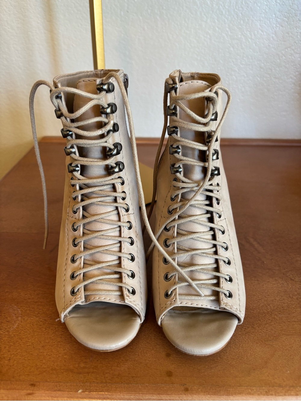 Gianni Bini Taupe Lace-Up Peep Toe Ankle Boots